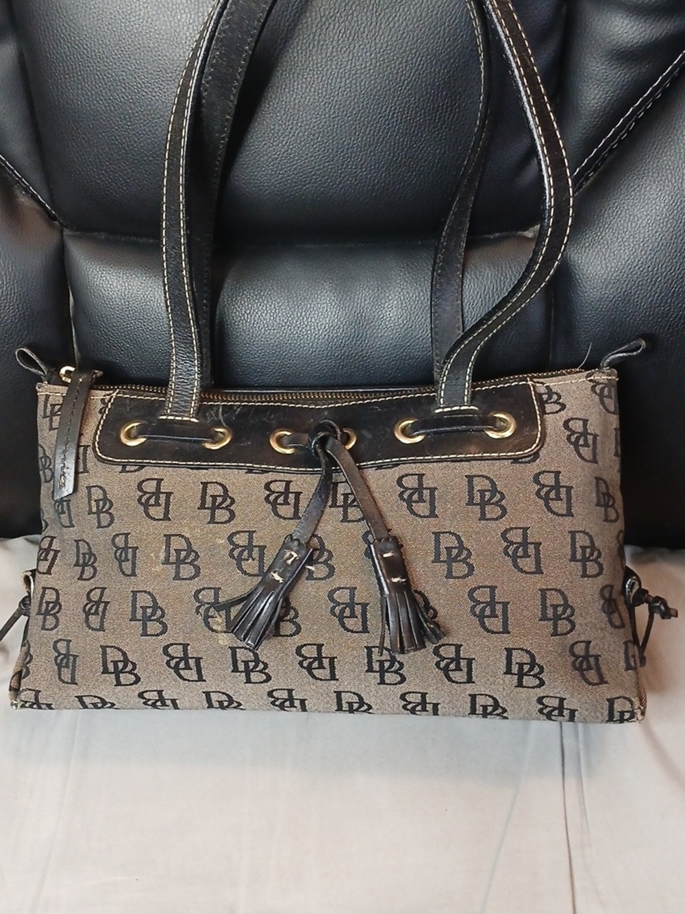 Dooney And Bourke Monogram Grey & Black Shoulder Bag with Tassel Accents